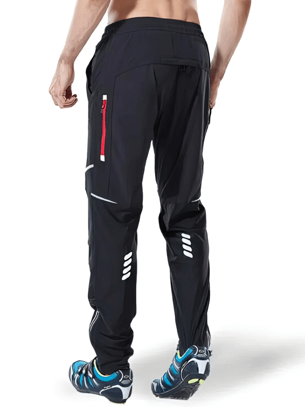 Back view of lightweight men's sweatpants with reflective stripes, moisture-wicking polyester, elastic waistband, perfect for cycling.